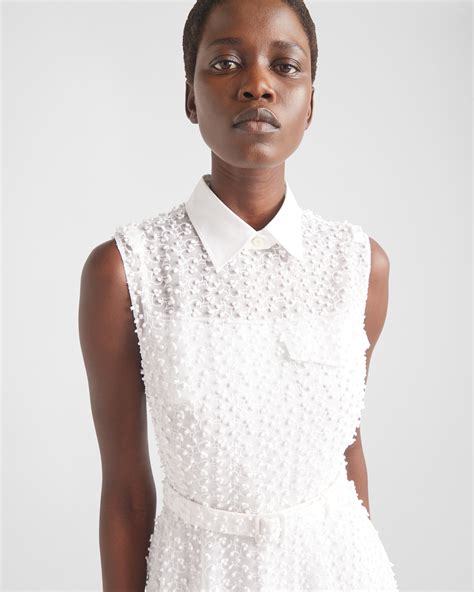 prada white eyelet belted dress|White Superposé Dress .